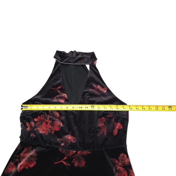 Venus Black Red/Orange Floral Velvet Halter Midi Dress Women Size L V-Ncck - Picture 5 of 6
